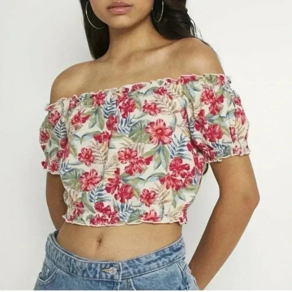 American Eagle Floral Hawaiian Off The Shoulder Crop Top Cotton Linen Size M - Picture 1 of 8